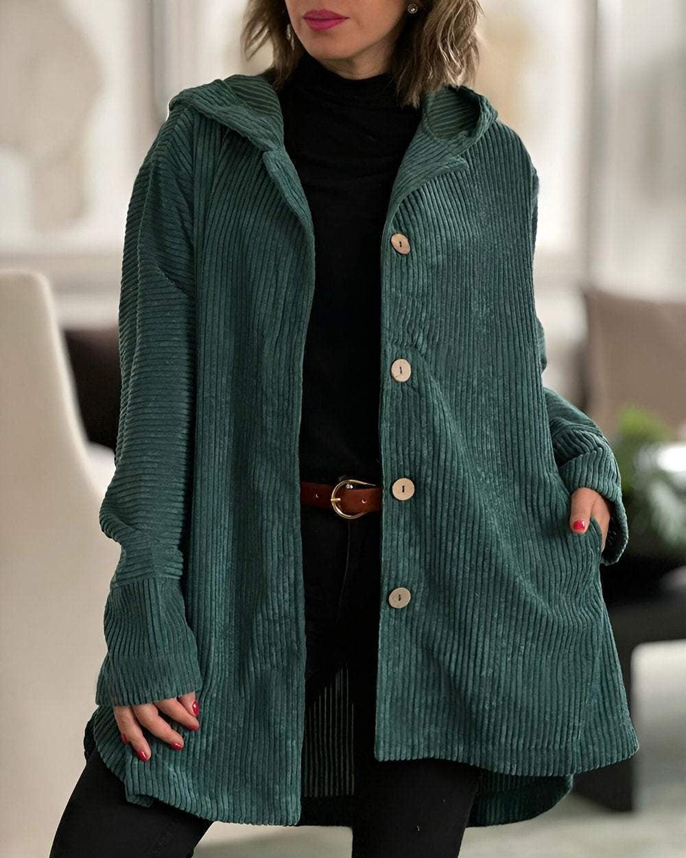 Abigail | Retro Hooded Corduroy Jacket with Wooden Buttons