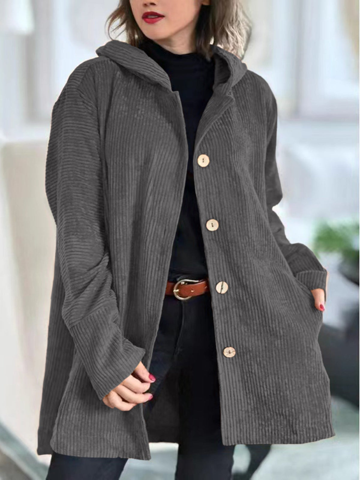 Abigail | Retro Hooded Corduroy Jacket with Wooden Buttons