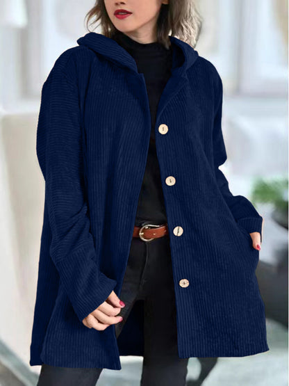 Abigail | Retro Hooded Corduroy Jacket with Wooden Buttons