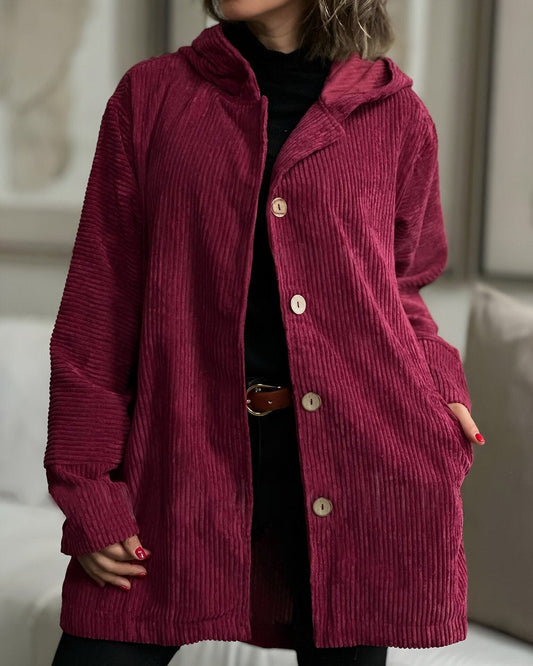 Abigail | Retro Hooded Corduroy Jacket with Wooden Buttons