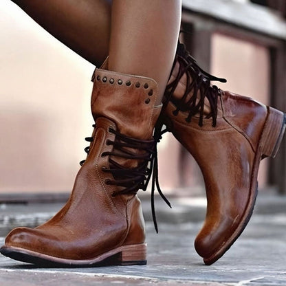 Hannah | Retro Leather Lace-Up Ankle Boots with Studded Trim