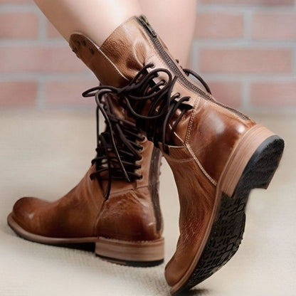 Hannah | Retro Leather Lace-Up Ankle Boots with Studded Trim