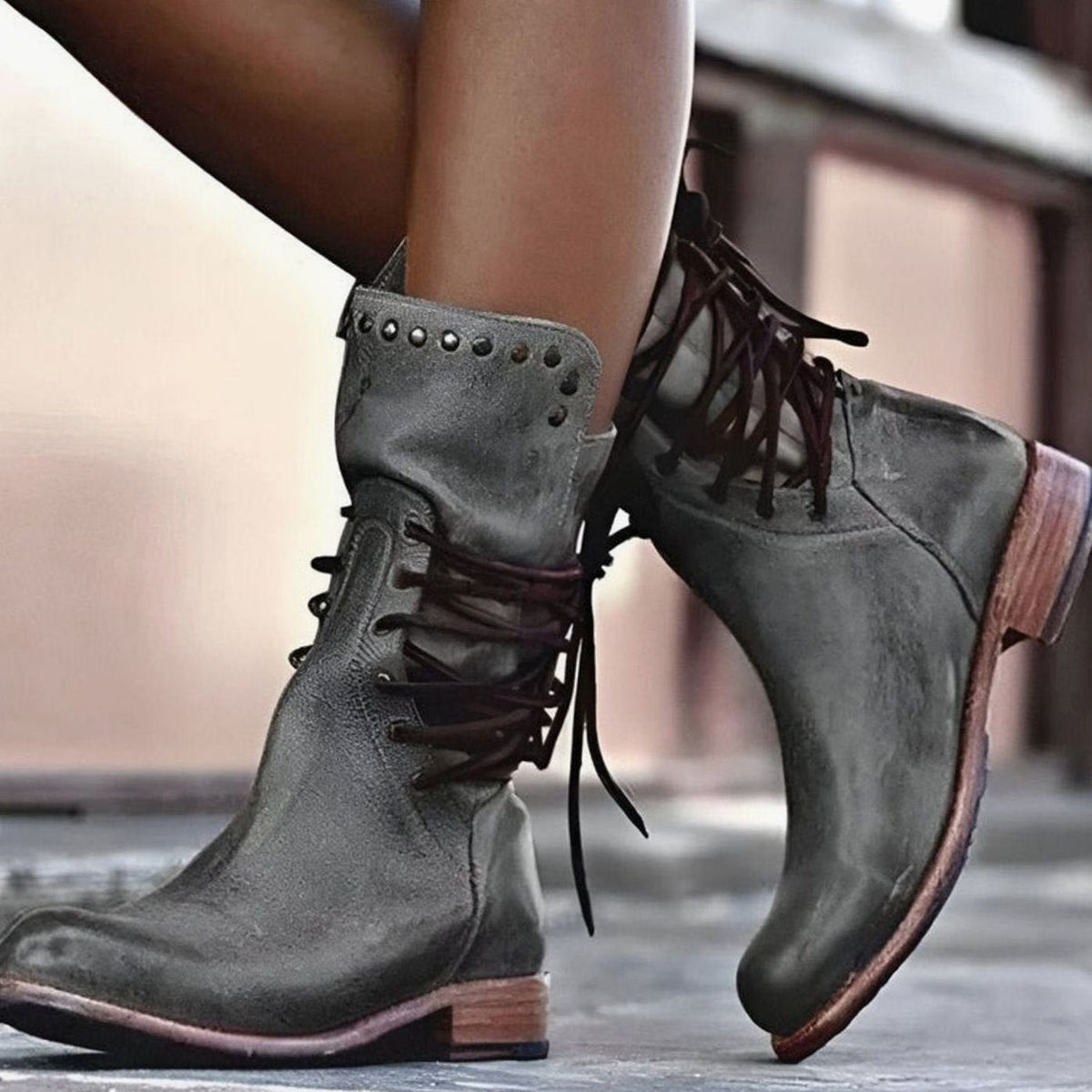 Hannah | Retro Leather Lace-Up Ankle Boots with Studded Trim