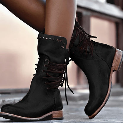 Hannah | Retro Leather Lace-Up Ankle Boots with Studded Trim