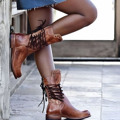 Hannah | Retro Leather Lace-Up Ankle Boots with Studded Trim