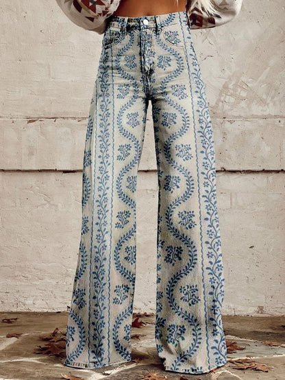 Dottie | Retro Print High Waist Flared Trousers