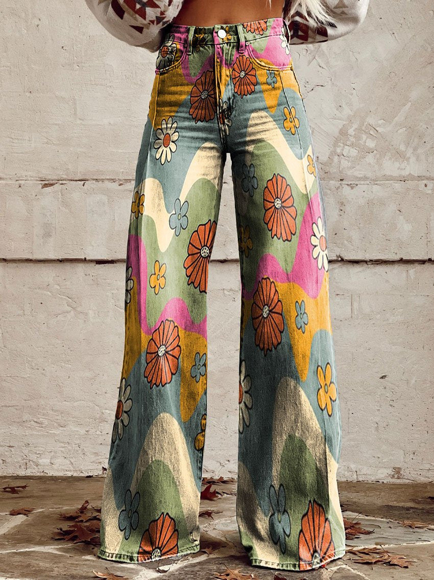 Dottie | Retro Print High Waist Flared Trousers