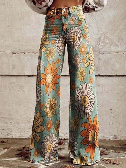 Dottie | Retro Print High Waist Flared Trousers