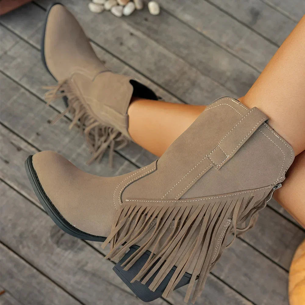 Amelia | Retro Suede Cowboy Boots with Fringe and Fold-Over Strap
