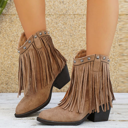 Amelia | Retro Suede Cowboy Boots with Fringe and Fold-Over Strap