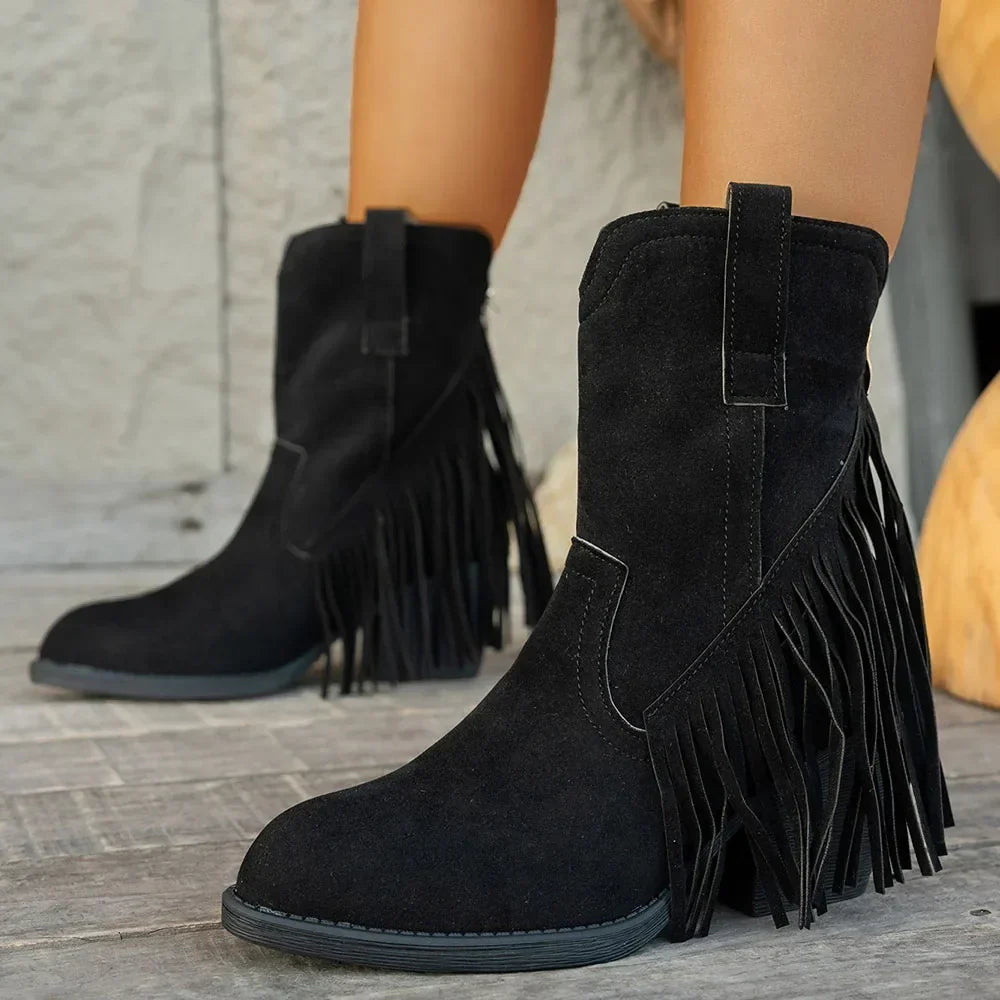 Amelia | Retro Suede Cowboy Boots with Fringe and Fold-Over Strap