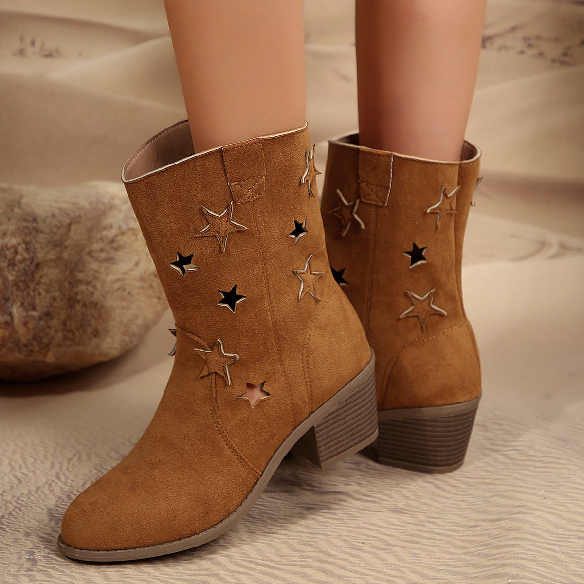 Molly | Retro Suede Cowboy Boots with Star Cut-Out Detail and Block Heel