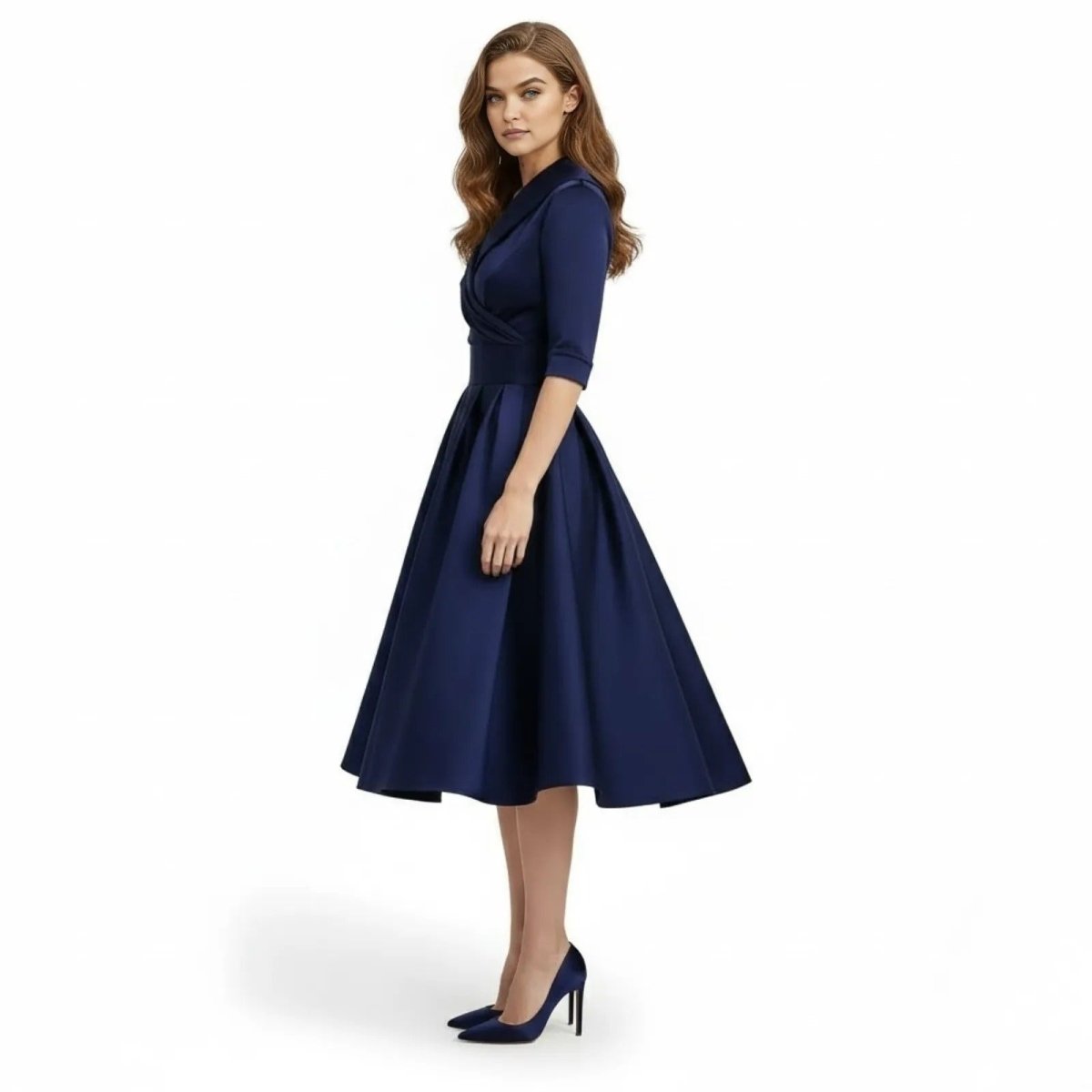 Undine | Retro Wrap Midi Dress with Lapel V-Neck