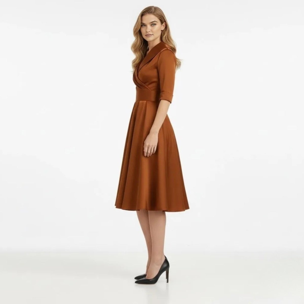 Undine | Retro Wrap Midi Dress with Lapel V-Neck