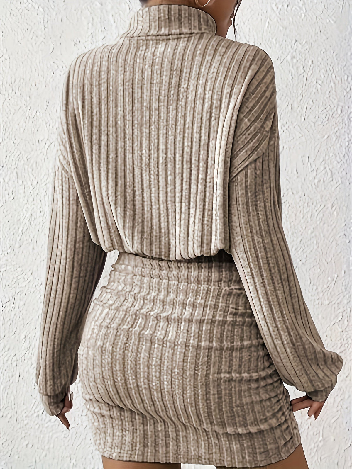 Melisande | Khaki Ribbed Turtleneck Mini Dress with Gathered Waist