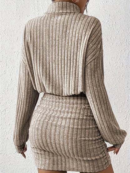 Melisande | Khaki Ribbed Turtleneck Mini Dress with Gathered Waist