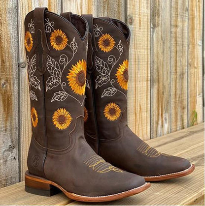 Thea | Sunflower Embroidered Pointed Toe Western Cowboy Boots