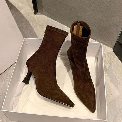 Alba | Pointed Toe Kitten Heel Sock Suede Ankle Boots