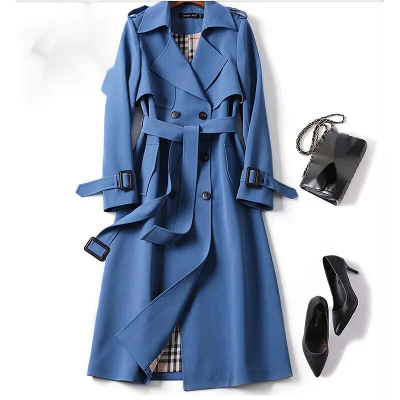 Edith | Classic Belted Long Trench Coat with Check Lining