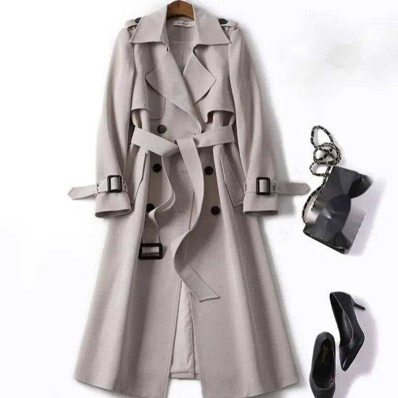 Edith | Classic Belted Long Trench Coat with Check Lining