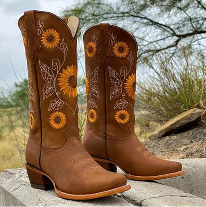 Thea | Sunflower Embroidered Pointed Toe Western Cowboy Boots