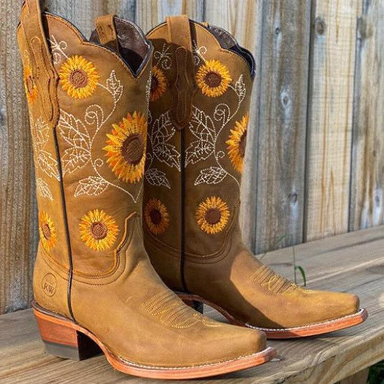 Thea | Sunflower Embroidered Pointed Toe Western Cowboy Boots