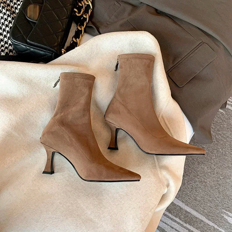 Alba | Pointed Toe Kitten Heel Sock Suede Ankle Boots