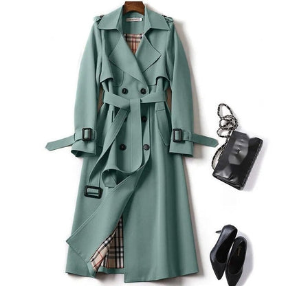 Edith | Classic Belted Long Trench Coat with Check Lining