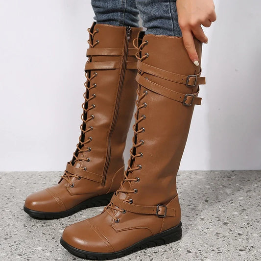 Dagmar | Faux Leather Lace-Up Knee High Boots with Buckle Straps