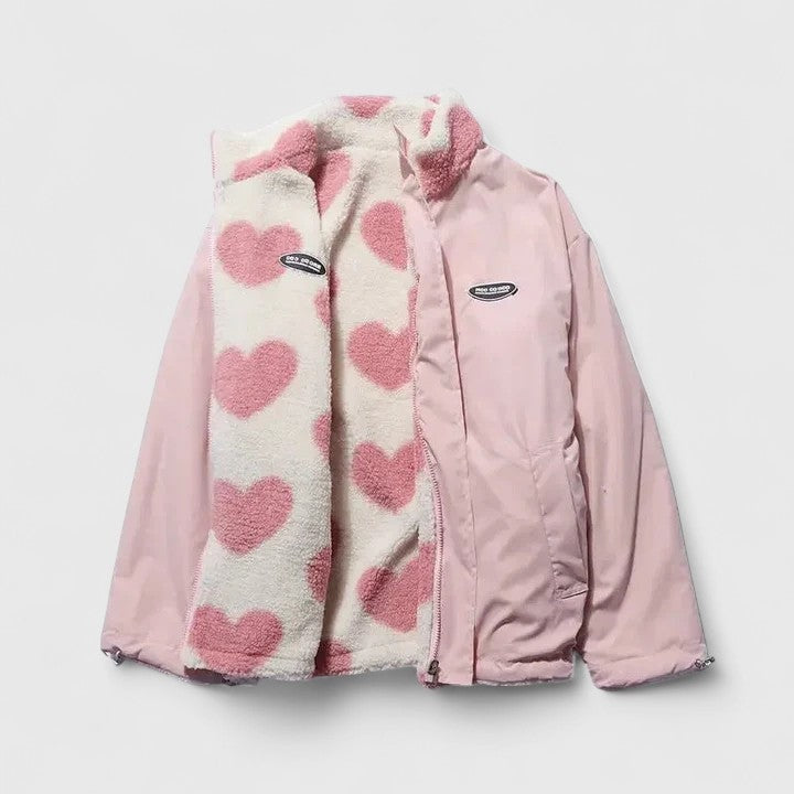 Riley | Reversible Heart-Print Fleece Sherpa Wool Jacket