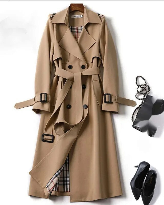 Edith | Classic Belted Long Trench Coat with Check Lining