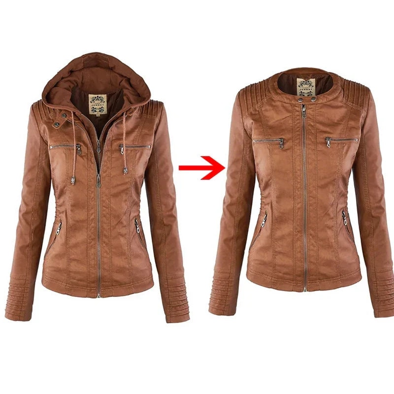 Maris | Faux Leather Hooded Zip Biker Jacket