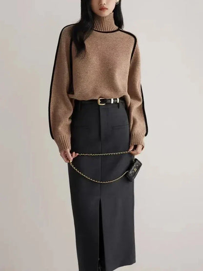 Vicky | Turtleneck Contrast Seam Ribbed Jumper