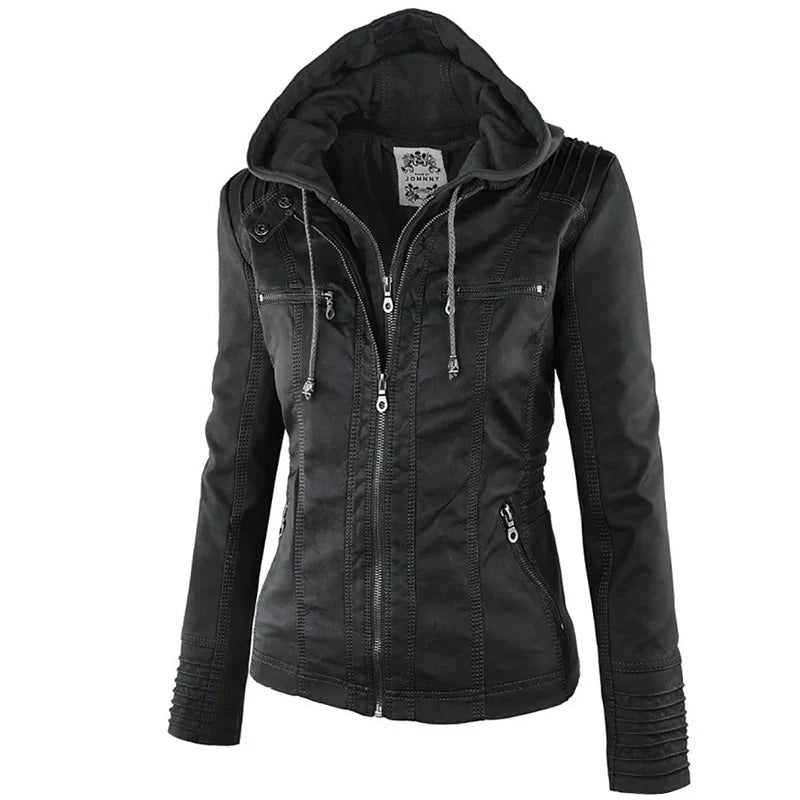 Maris | Faux Leather Hooded Zip Biker Jacket