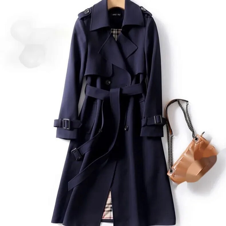 Edith | Classic Belted Long Trench Coat with Check Lining