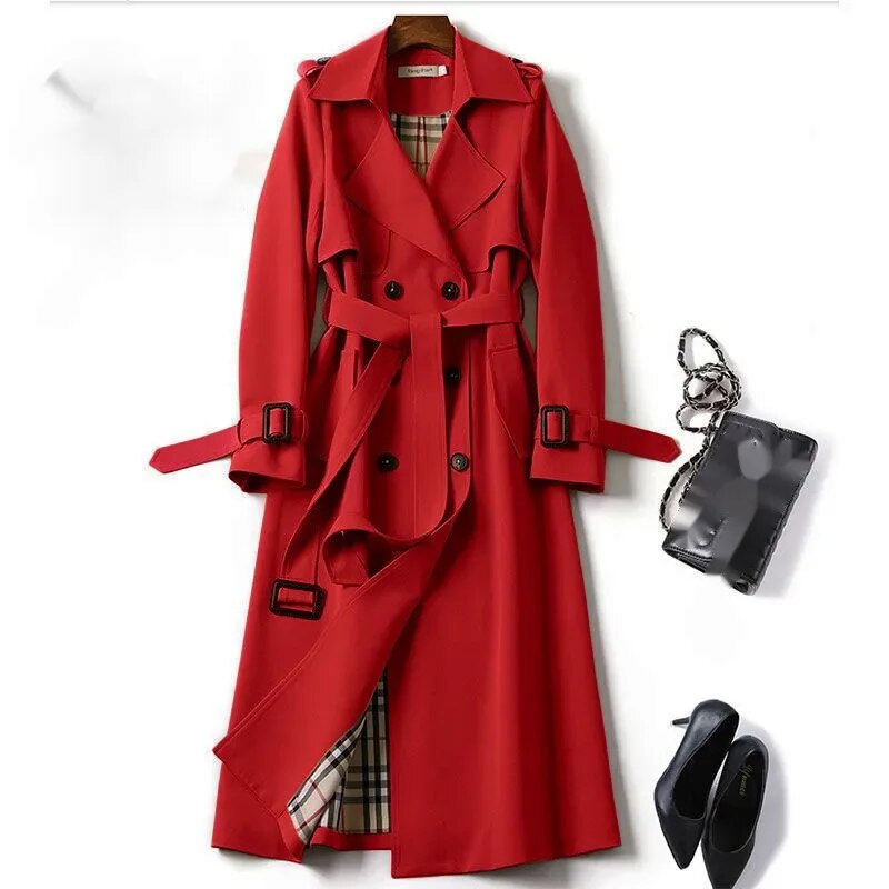 Edith | Classic Belted Long Trench Coat with Check Lining
