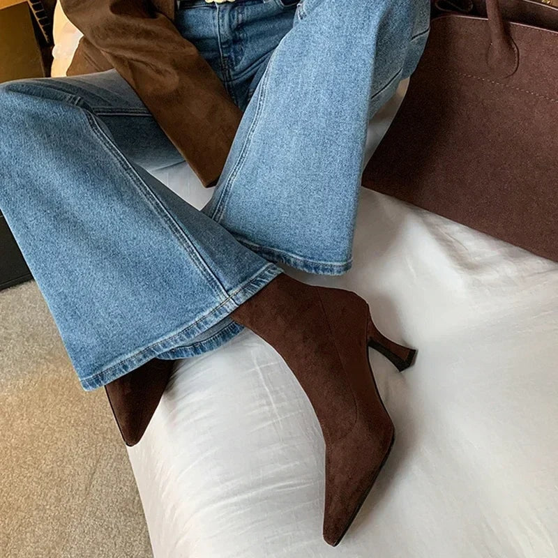 Alba | Pointed Toe Kitten Heel Sock Suede Ankle Boots