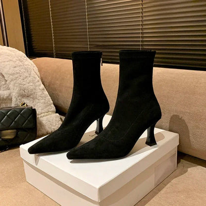 Alba | Pointed Toe Kitten Heel Sock Suede Ankle Boots