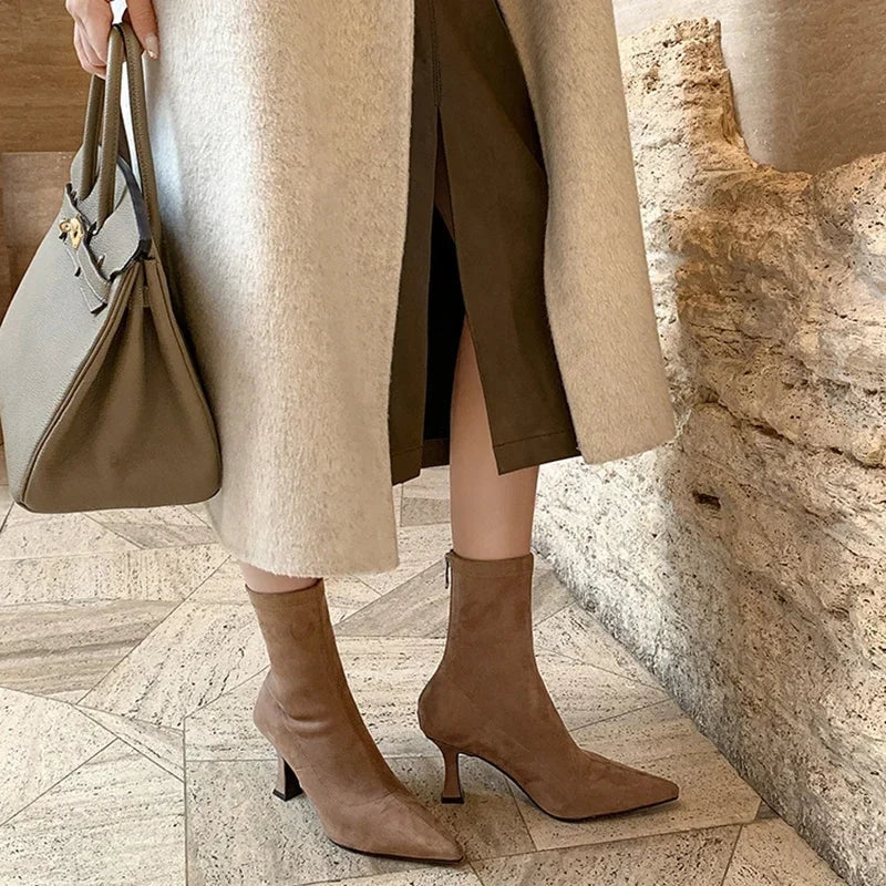 Alba | Pointed Toe Kitten Heel Sock Suede Ankle Boots