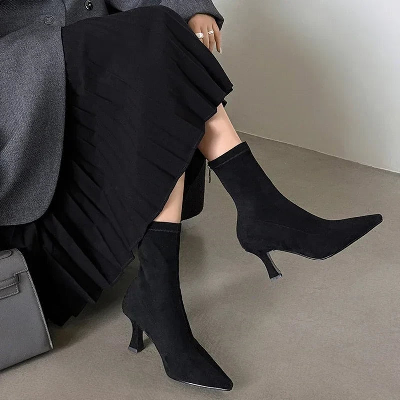 Alba | Pointed Toe Kitten Heel Sock Suede Ankle Boots