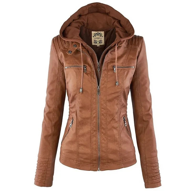 Maris | Faux Leather Hooded Zip Biker Jacket