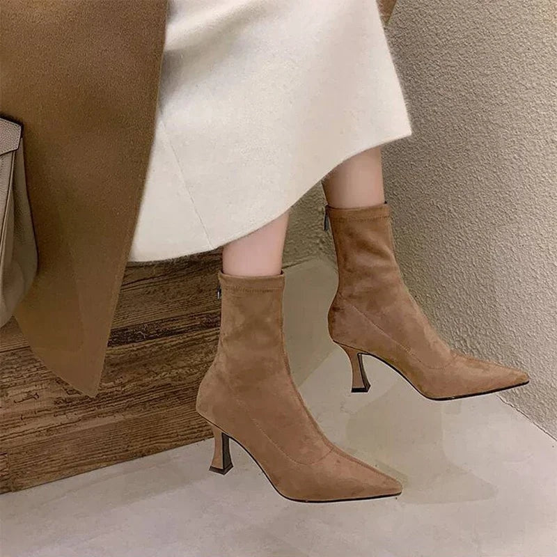 Alba | Pointed Toe Kitten Heel Sock Suede Ankle Boots