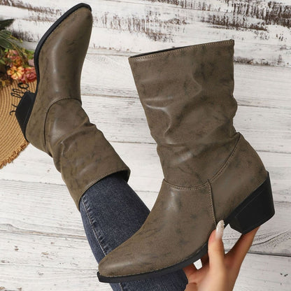 Ottilie | Slouch Leather Ankle Boots with Block Heel and Pointed Toe