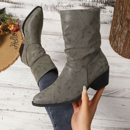 Ottilie | Slouch Leather Ankle Boots with Block Heel and Pointed Toe