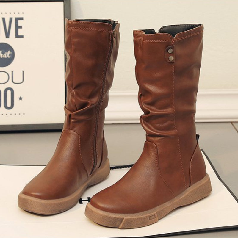 Megan | Slouchy Mid Calf Leather Boots with Chunky Flat Sole