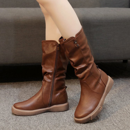 Megan | Slouchy Mid Calf Leather Boots with Chunky Flat Sole