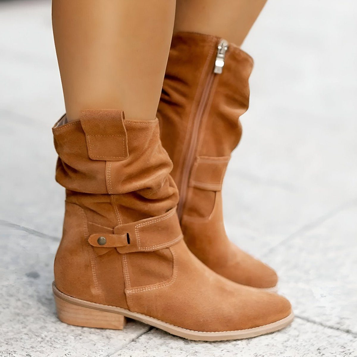 Daisy | Slouchy Suede Mid-Calf Boots with Block Heel and Strap Detail