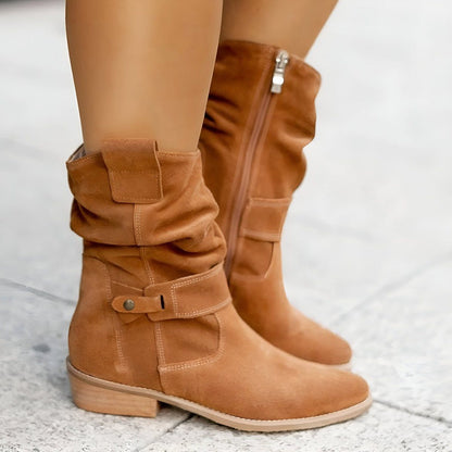 Daisy | Slouchy Suede Mid-Calf Boots with Block Heel and Strap Detail