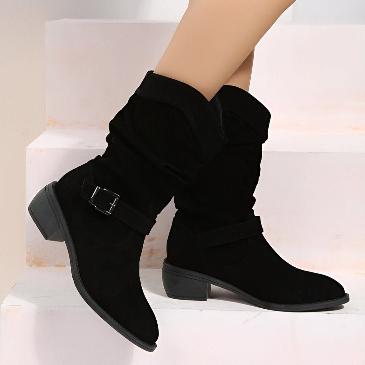Daisy | Slouchy Suede Mid-Calf Boots with Block Heel and Strap Detail