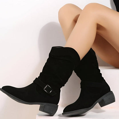 Daisy | Slouchy Suede Mid-Calf Boots with Block Heel and Strap Detail